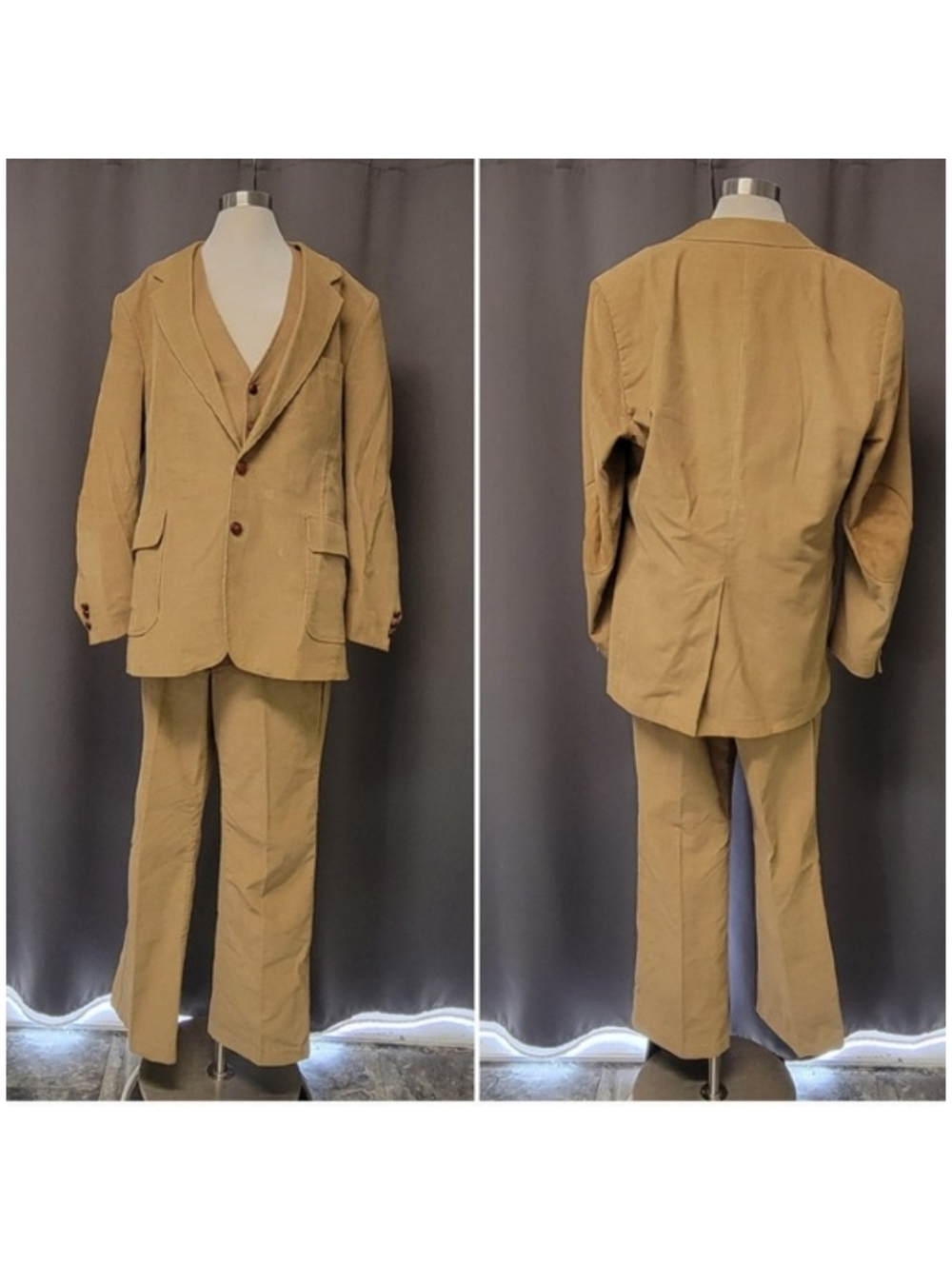Sears Farah Vintage 3 Piece Corduroy Suit Tan Elbow Patches‎ 46L 36x32